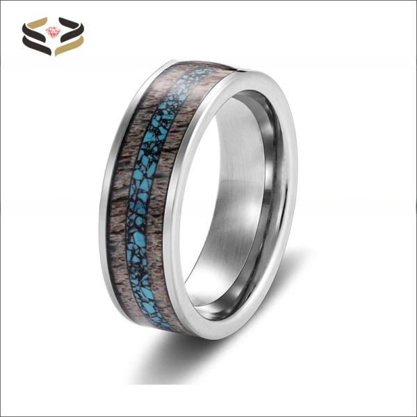 Mens Flat Silver Tungsten Wedding Bands 8mm Inlaid With Turquoise And Nature Antler