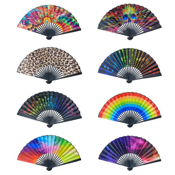 Customized Logo Bamboo Folding Hand Fan Leopard Print Pattern Sublimation Technique for Wedding Dancing Clack Bamboo Crafts