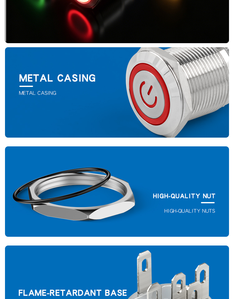 19MM metal button self-reset self-locking with light, two normally open, two normally closed, 6 or 8 pins, round waterproof double-throw switch