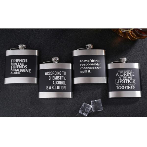 Black Kitchen Household Items 6oz Flat Stainless Steel Hip Flask Laser Lettering
