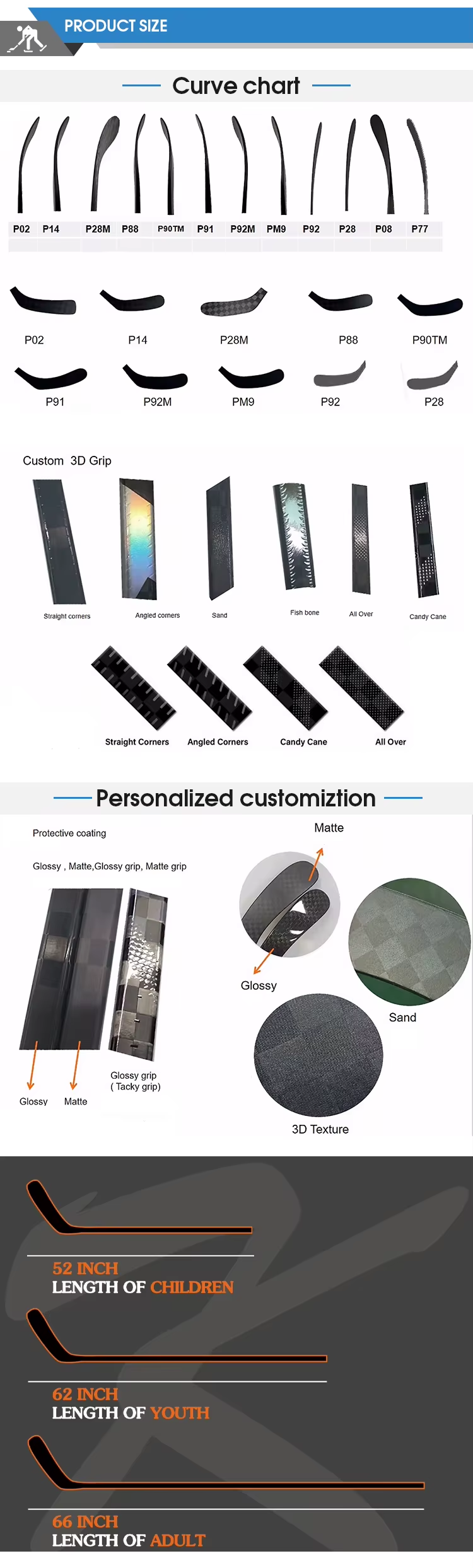 Carbon Fiber Ice Hockey Stick with Low Kick Point for Competition Standards