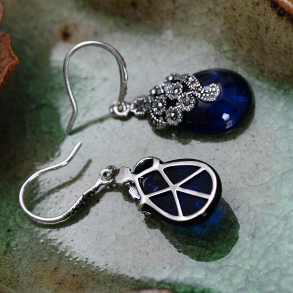 Women Retro Sterling 925 Silver Synthetic Sapphire Marcasite Drop Earrings (029331)