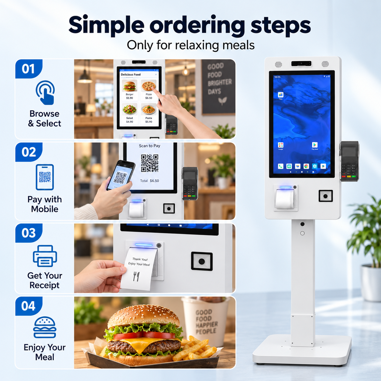 21.5 Inch Self-Service Ordering Kiosk with HD Camera, 80mm Thermal Printer & 1D 2D Scanner All in One Touch POS Terminal for Restaurant & Retail