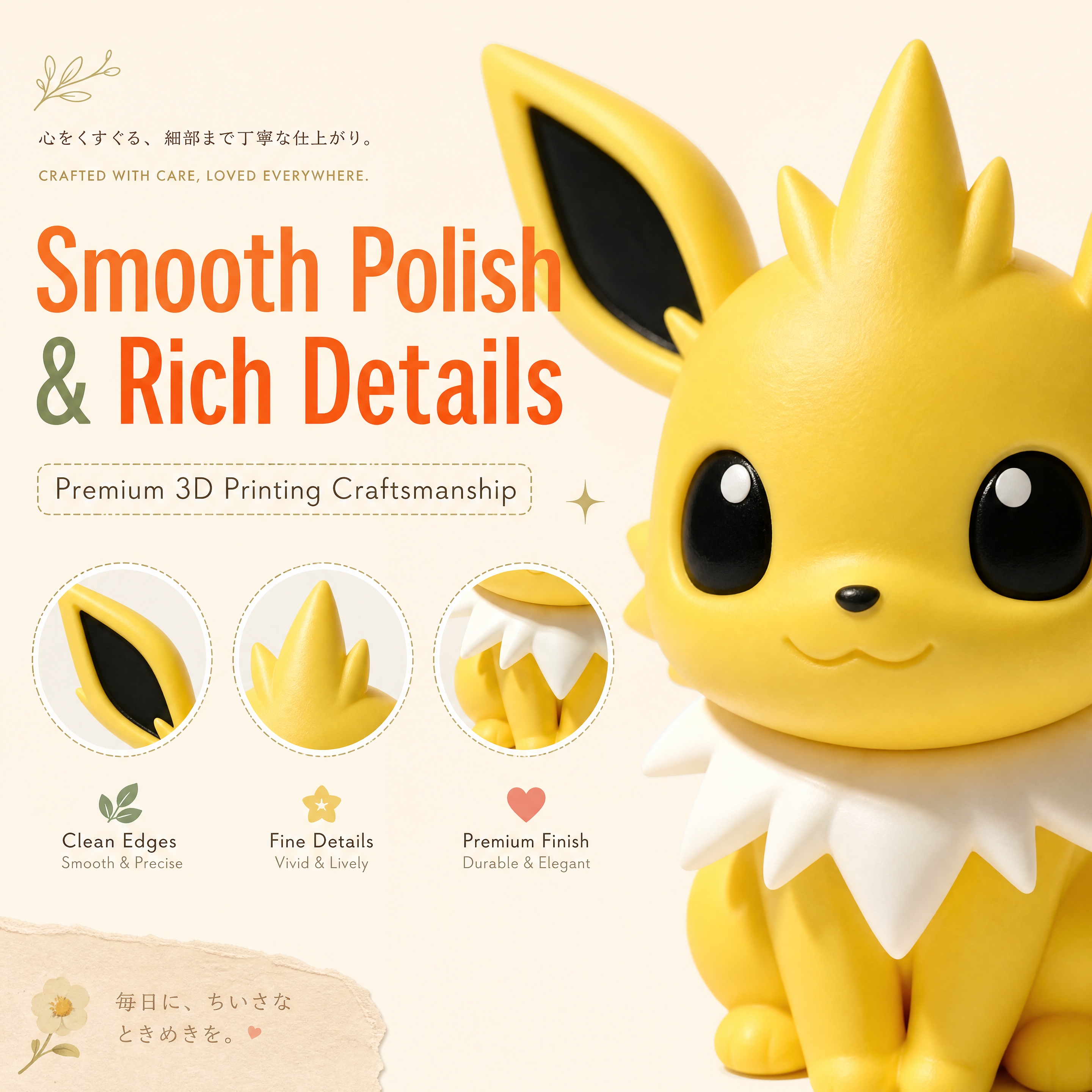 Bright Solid Color 3D Printed Toys Sitting Pose  Jolteon Figurine For Shelf Display