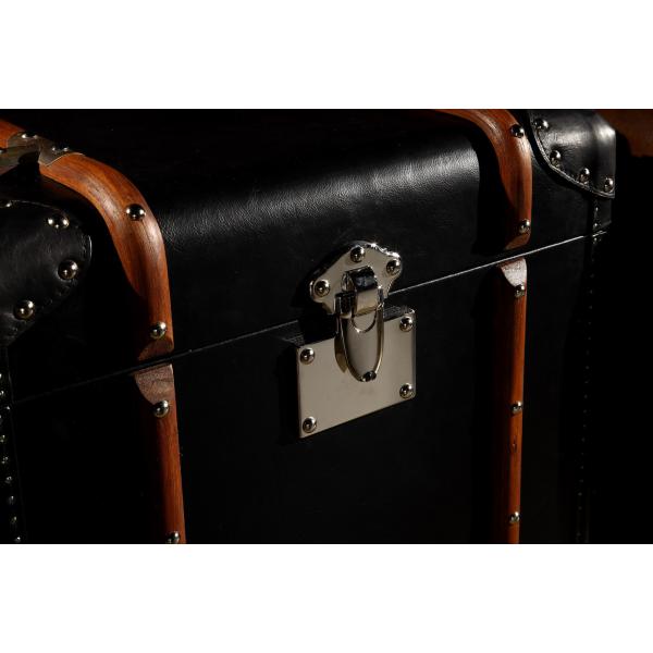 Black Full Genuine Leather Storage Trunk Lifted Cover With Solid Wood Bar