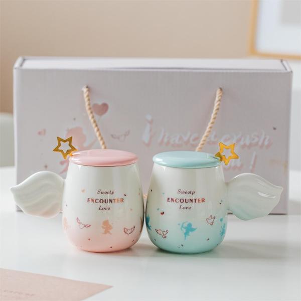 Coupe de couple romantique de Cupidon Gradient Ceramique Cartoon tasse avec cuillère à couvercle pour les hommes et les femmes tasse de thé à fleurs