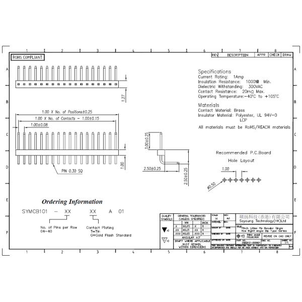 ТИП 1 *2PIN одиночной строки соединителя 1.0mm заголовка Pin прямоугольный к 1*40PIN H=1.0mm