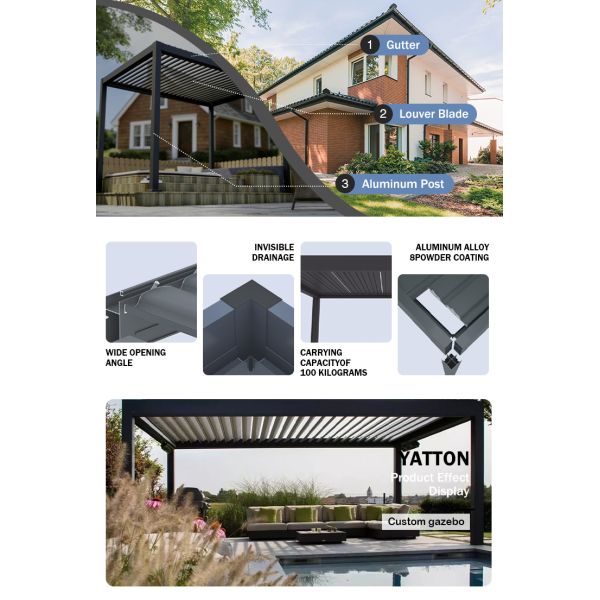 Opening Roof Pergola Adjustable Waterproof Garden Motorized Pavilion Gazebo Aluminum Alloy Luxury Customized Eco-Friendly