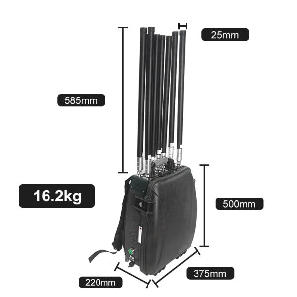Bloqueador de drones tipo mochila de 8 bandas, alcance de 500-1500m, 50W de salida