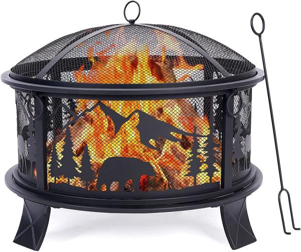 Round Metal Fire Bowl Outside Metal Barbecue Fire Pit With Spark Screen Fire Poker
