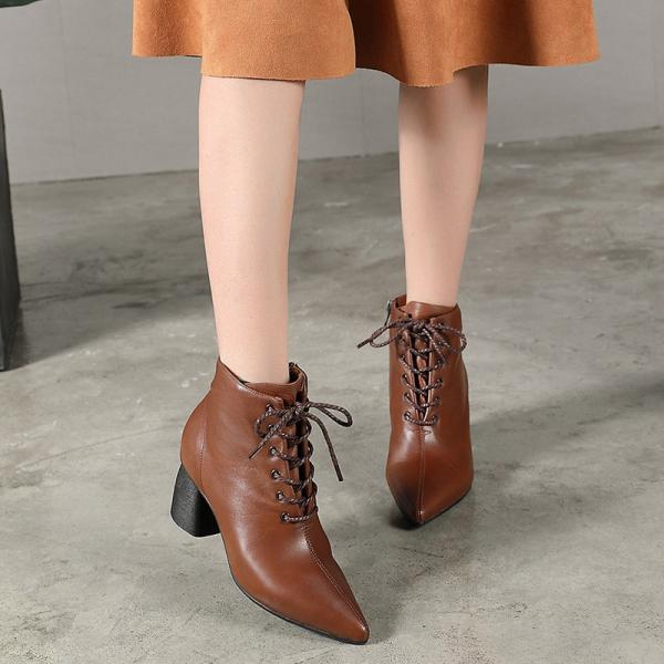 S221 Pointed toe leather short boots Korean style all-match high heel women's leather boots
