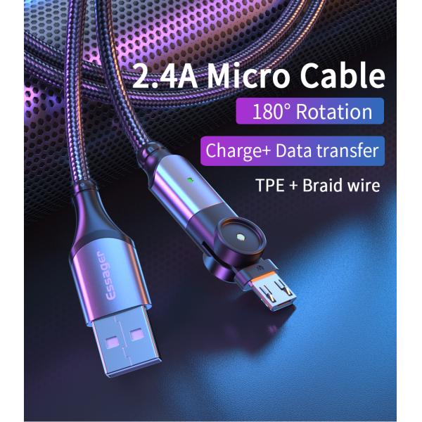 180 Rotate USB A To Micro B Cable Fast Charging LED Charger Data Cable