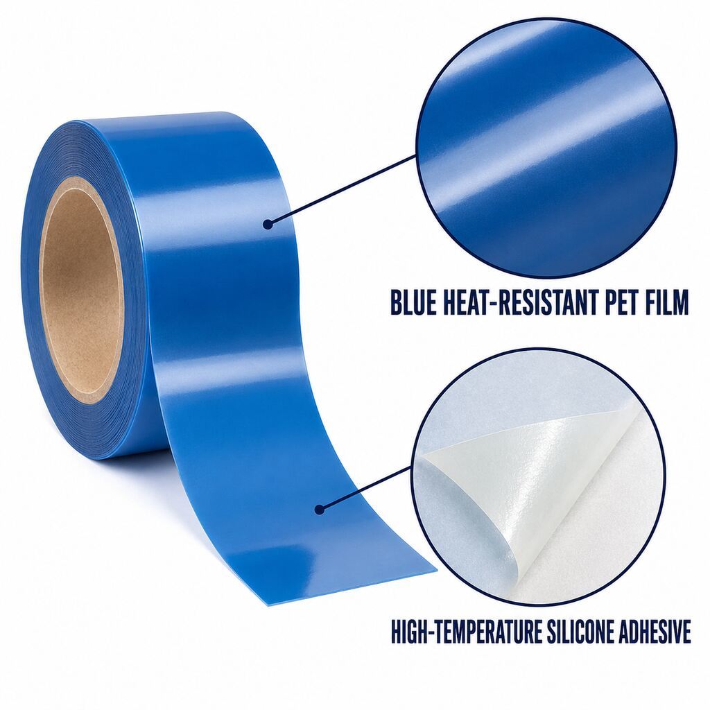 Blue PET High Temperature Tape (Blue Polyester Masking Tape / Blue Powder Coating Tape / Blue PET Silicone Tape) – For Composite Curing, Metal Finishing & Electronics