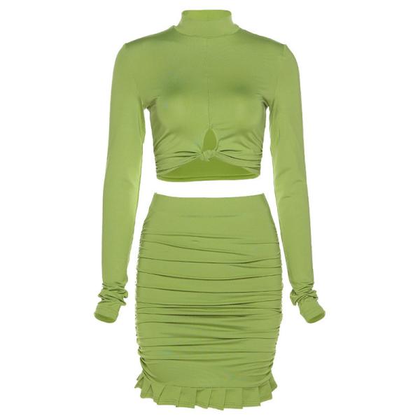 Green Two Piece Casual Set Round Neck Long Sleeve Hollow T Shirt Slim Fit Hip Skirt