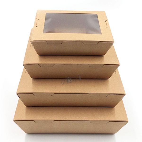 500ml to 2100ml Rectangle Box Kraft Paper Disposable Food Trays with Window for Fried Food