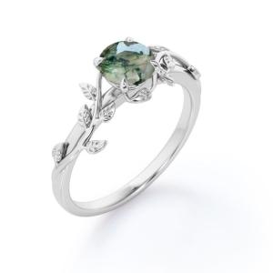 Round Cut Opaque White Druzy Mossy Green Agate Branch Leaf Design One-Stone