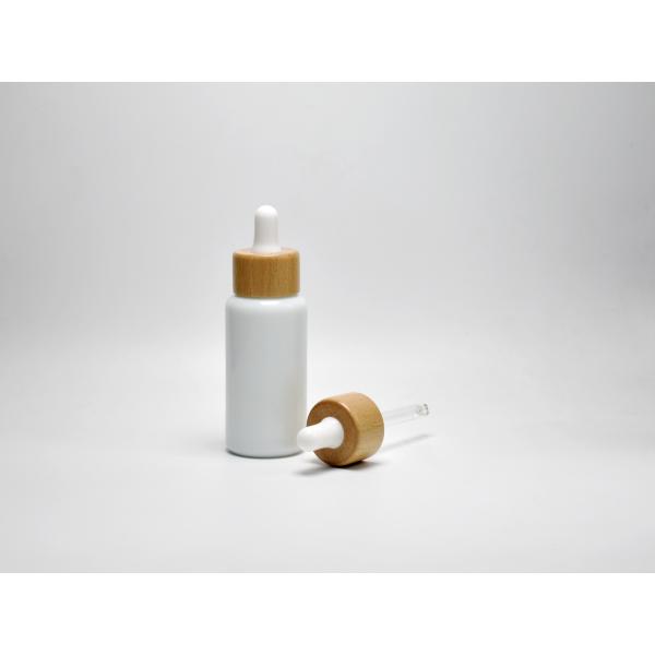 Jade Porcelain White 40ml Boston Round Opal Glass Bottle With Wooden Dropper Cap For Face Oil, Facial Serum, Beauty Oil