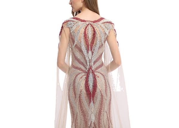 Champagne Lace Beaded Middle Eastern Evening Dresses U - Neck Style