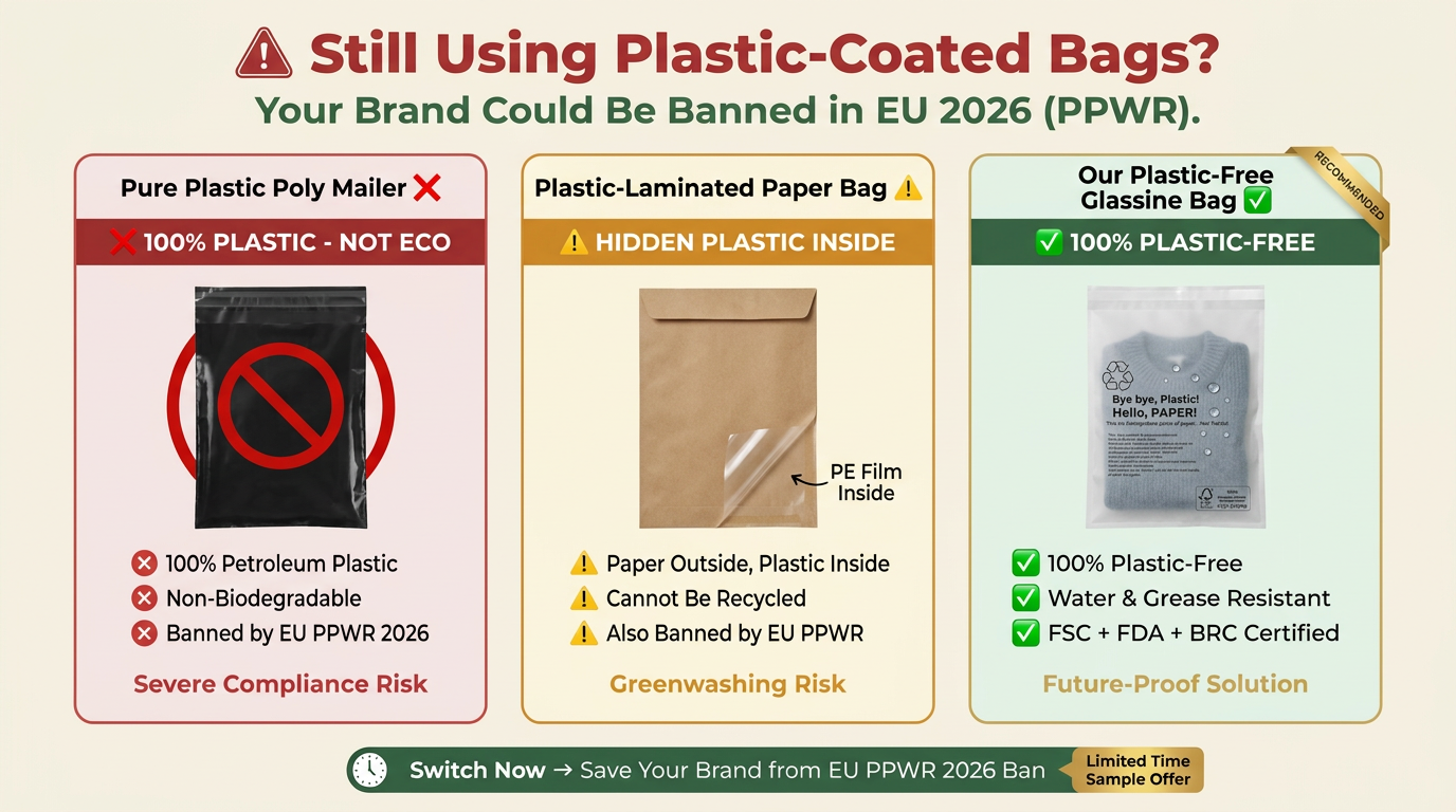 Luxury Zero Plastic Glassine Bag Eco-Conscious Green for Certified Recyclable Apparel Packaging Clothing EU Compliant Garment