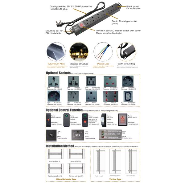 Niveau de protection IP20 Serveur rack RSA PDU Voltage d'entrée 16A Courant de sortie Pour les centres de données
