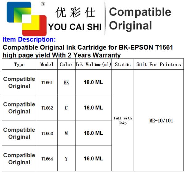100% Brand New for epson T1661 T1662 T1663 T1664 inkjet ink cartridge pinter EPSON WF-2521 WF-2531 WF-2541