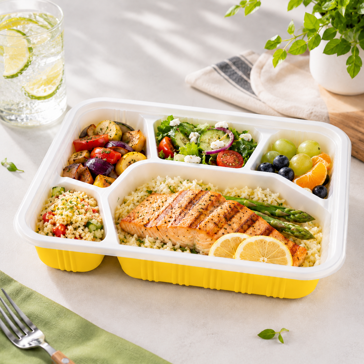 Catering Multi Compartment Bento Box Yellow Five Section PP Food Tray For Meals