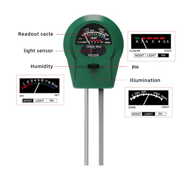 Stainless Steel Tube Probe 3 In 1 Moisture/Light/Ph Tester for Plant/Lawn/Farm/Garden