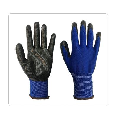 Poliéster azul com as luvas lisas pretas do nitrilo