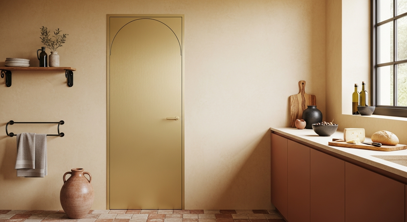 Arched Mediterranean Entry Door with Travertine Inlay - 304 Stainless Steel