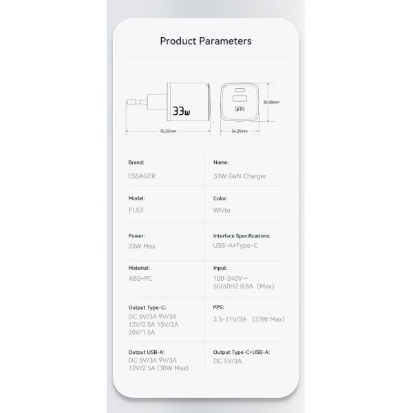 Essager 33W PD QC USB Type-C Fast Charging mobile phone wall charger