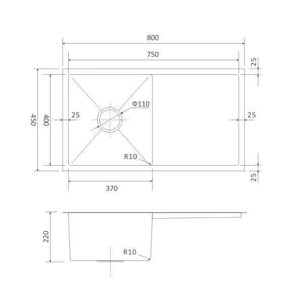 16 Gauge 32 Undermount Single Bowl Kitchen Sink With Drainboard 80x45