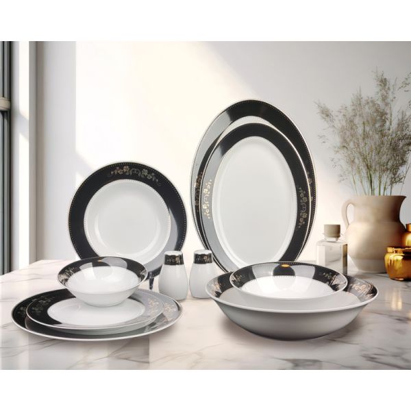 35pcs superwhite porcelain dinning set  with blue embossed flower and gold patterm