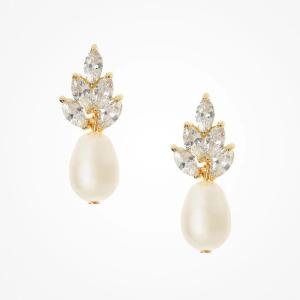 Handmade 18K Gold Plated Pearl Drop Earrings with White Glass Pearls for Bridal