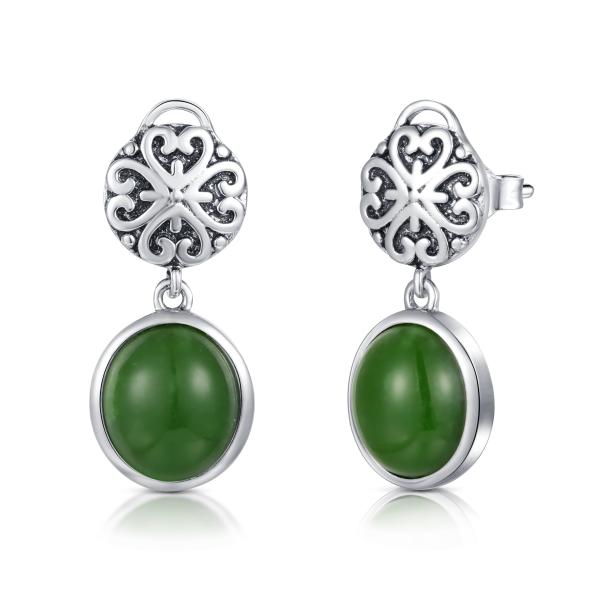 December Birthstone 925 Sterling Silver Gemstone Earrings 10x13mm Oval Green Jade