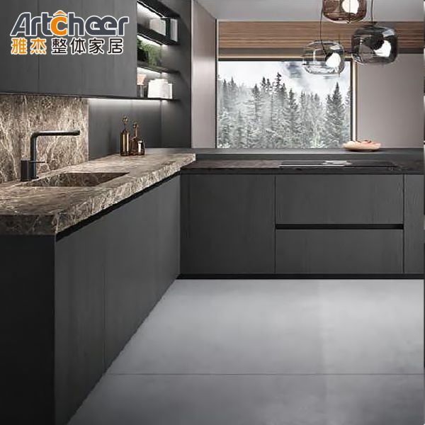 Modern Dark Grey Kitchen Base Cabinet with Water Resistant Carcass and 5 Drawers for Luxury Homes