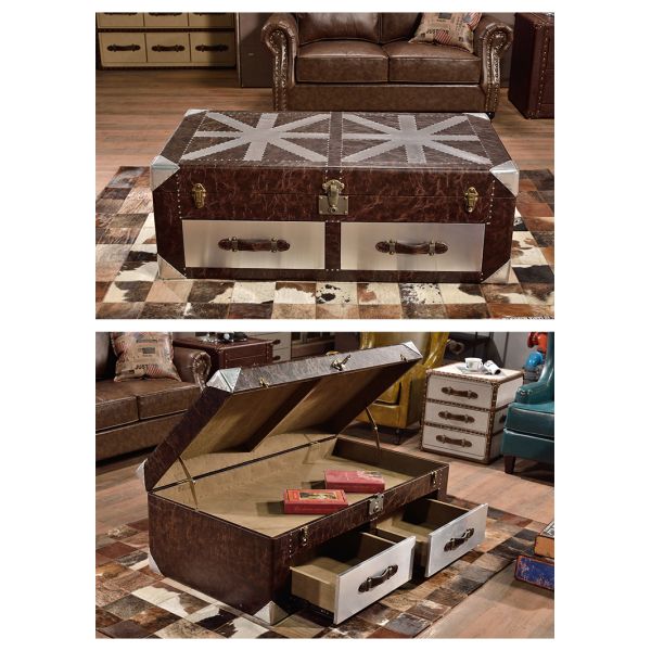 Nidea #8627 Vintage Industrial Coffee Table Double Drawers Aluminum Rivet Union Jack Crackle Leather Cabinet-Style Wooden Base Hotel Loft