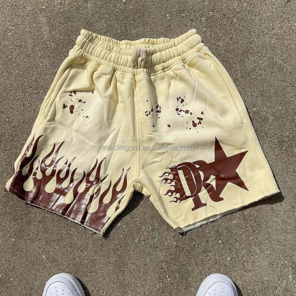Blue Black Acid Wash Shorts Yellow Drawstring Closure Graphic Print Cotton French Terry Streetwear Shorts Men