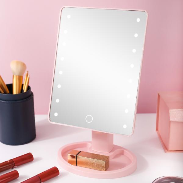 Free Standing Rectangle Countertop Led Makeup Mirrors With Vanity Tray
