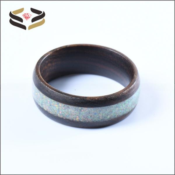Wedding Nature Koa Wood Rings 8mm White Fire Opal Inlay With Invisible Setting