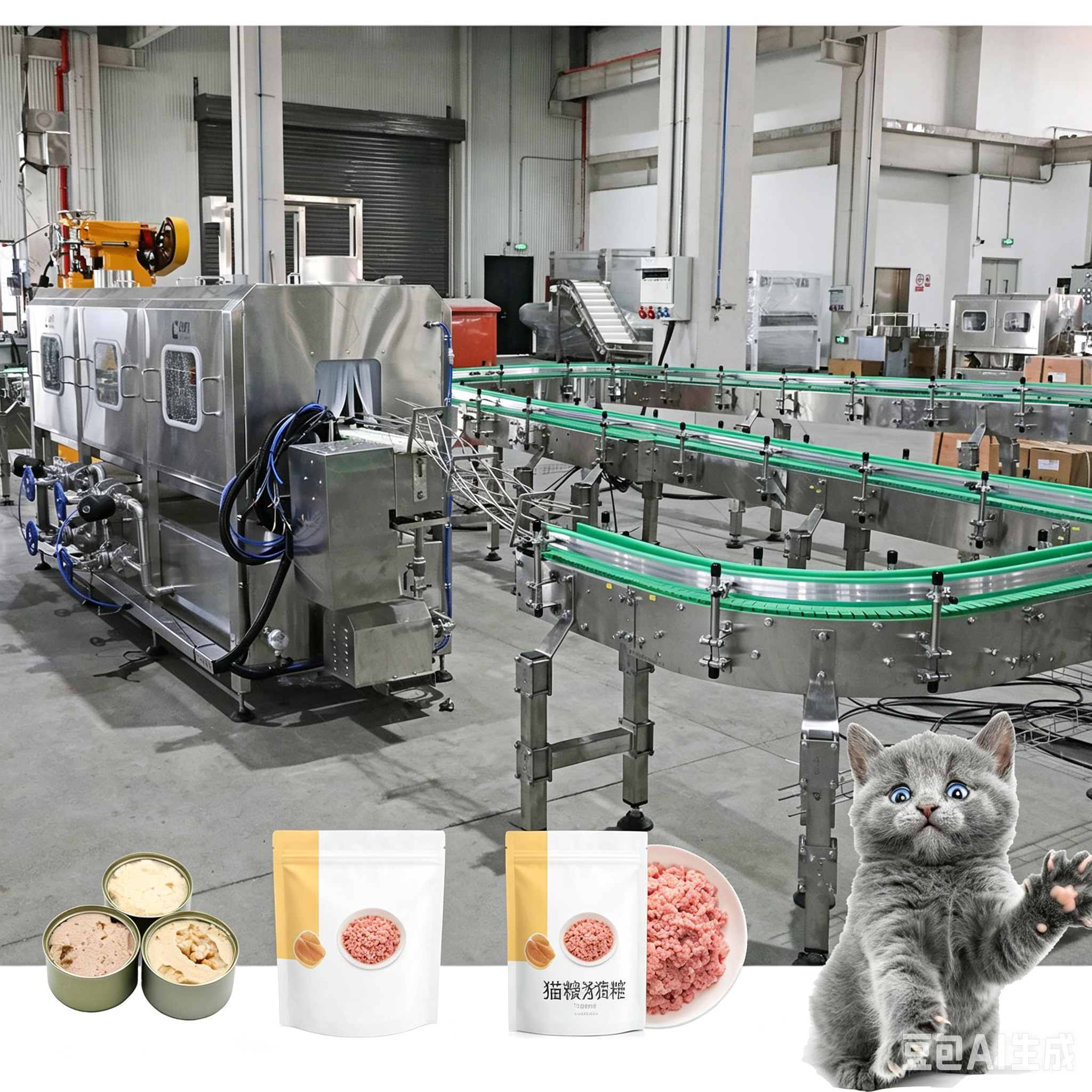 380V Fully Automatic Canned Cat Food Production Line with 304 Stainless Steel and PLC Control for 50-200 cans/min