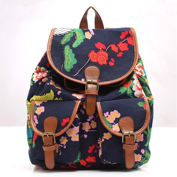 2016 new spring and summer fashion casual women canvas printing two pocket backpack