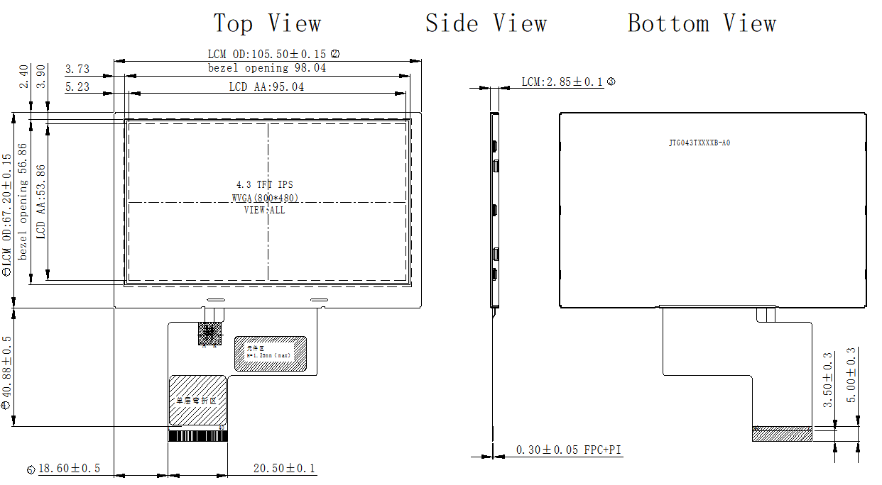 Industrial 4.3 Inch IPS 800x480 LCD Display Screen 250cd/M2 Brightness TFT LCD Module