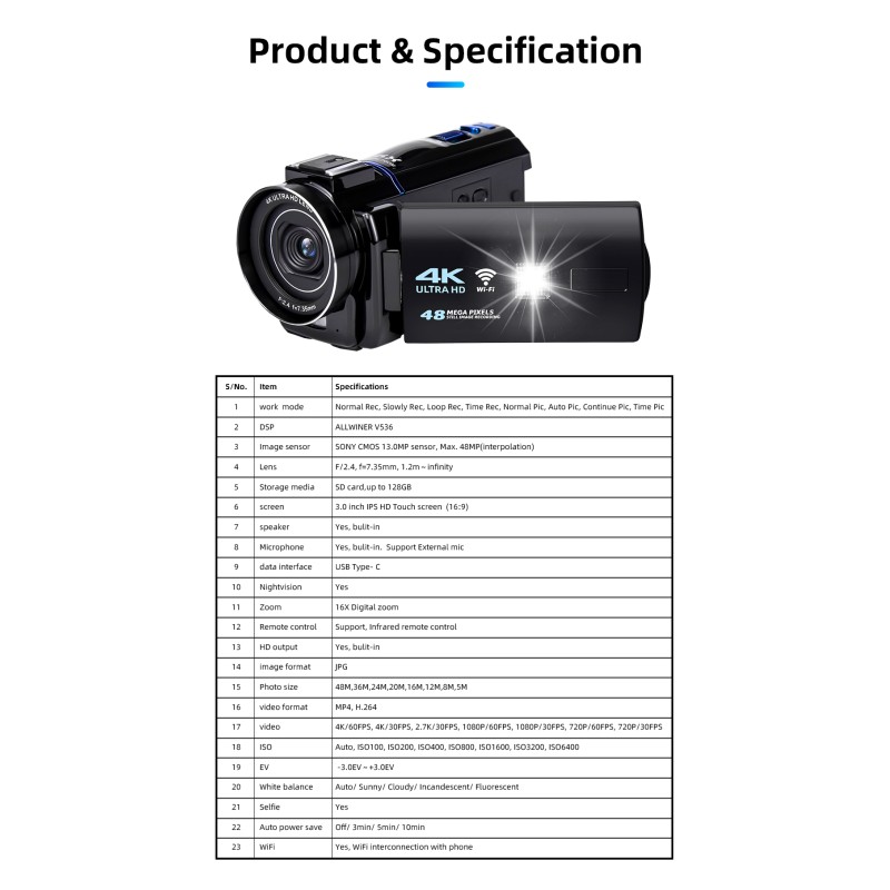 Professional 4K Digital Video Cameras Recorder with Wifi 48mp 16x Digital Zoom Camcorder Vlogging Camera for Youtube