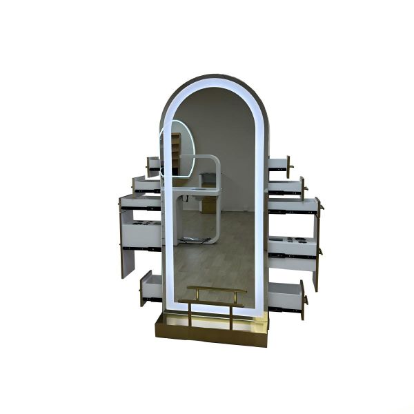 Kingstin Modern Floor-Standing Hair Salon Mirror Station Gold Stainless Steel Frame LED Barber Mirror Styling Unit