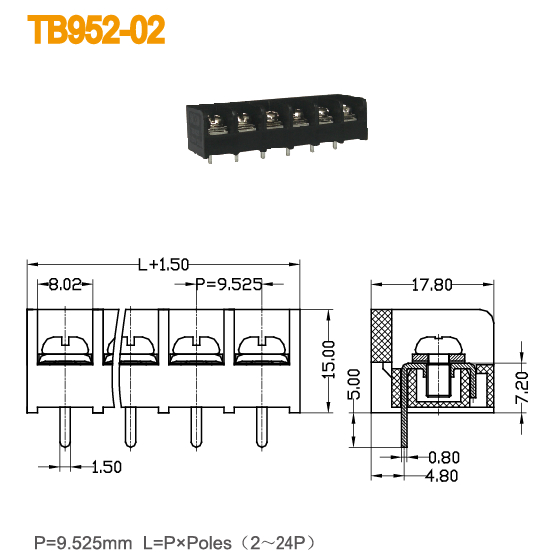 9.525mm Barrier Terminal Block 300V 20A 2 - 24P PBT Brass Screw Clamp Termin Connector