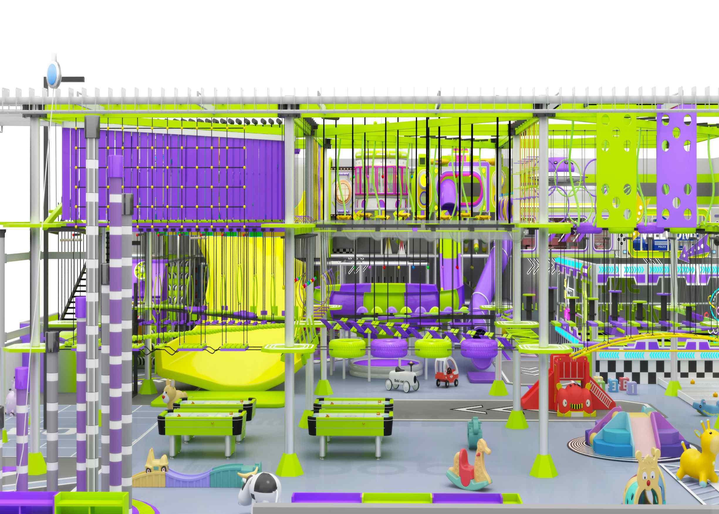Cream Yellow, White & Mint Green Sports Themed Indoor Soft Play & Trampoline Park | Commercial Mall FEC Playground