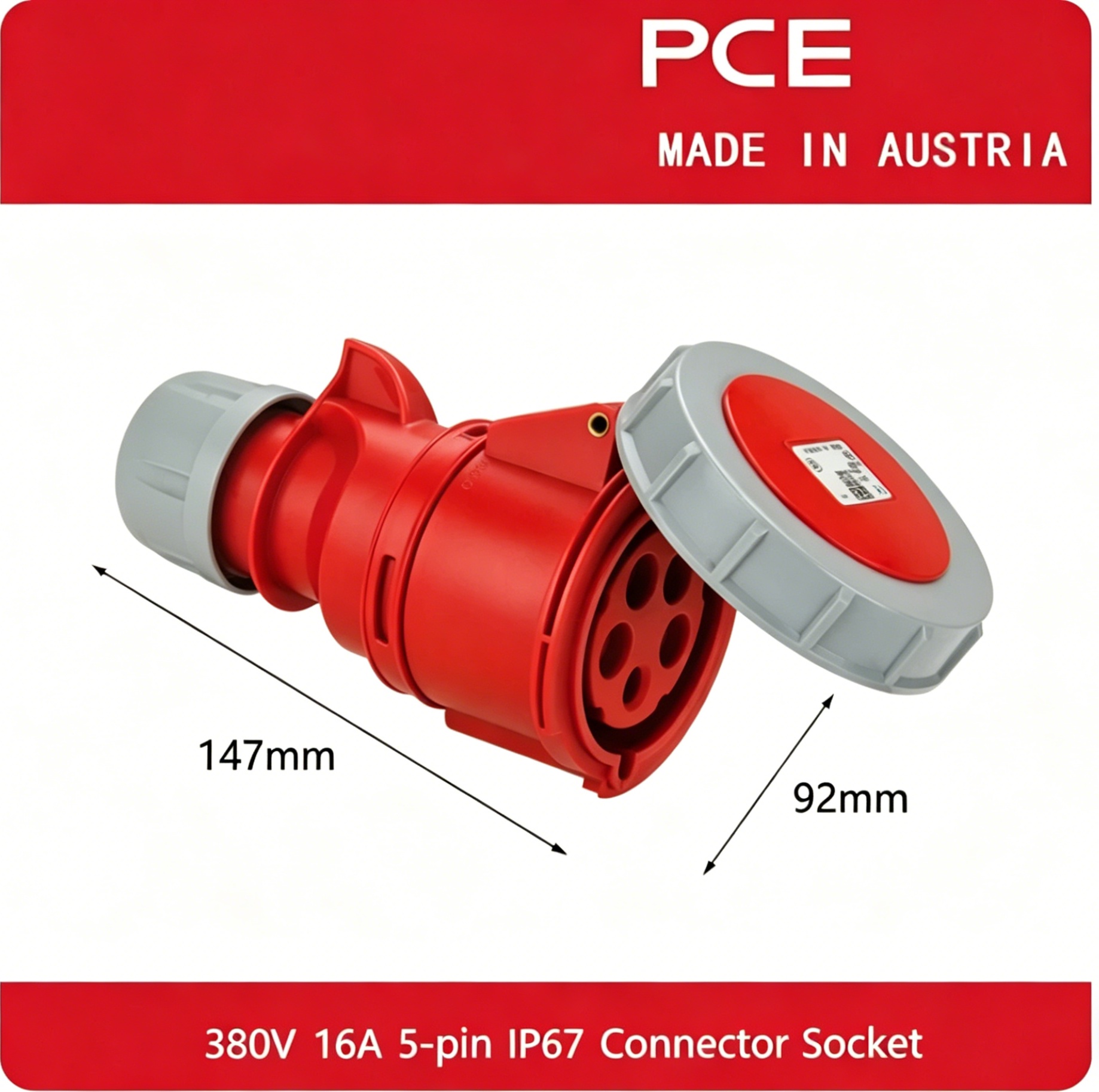 PCE Industrial Waterproof Plug with Socket Butt-type Female Welding Connector 380V-16A-5 Core IP67 Plastic Standard Grounding