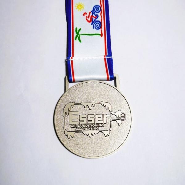 2.5 Inch Round Metal Sports Medal With Heat Transferred Ribbon Matte Nickel Finish