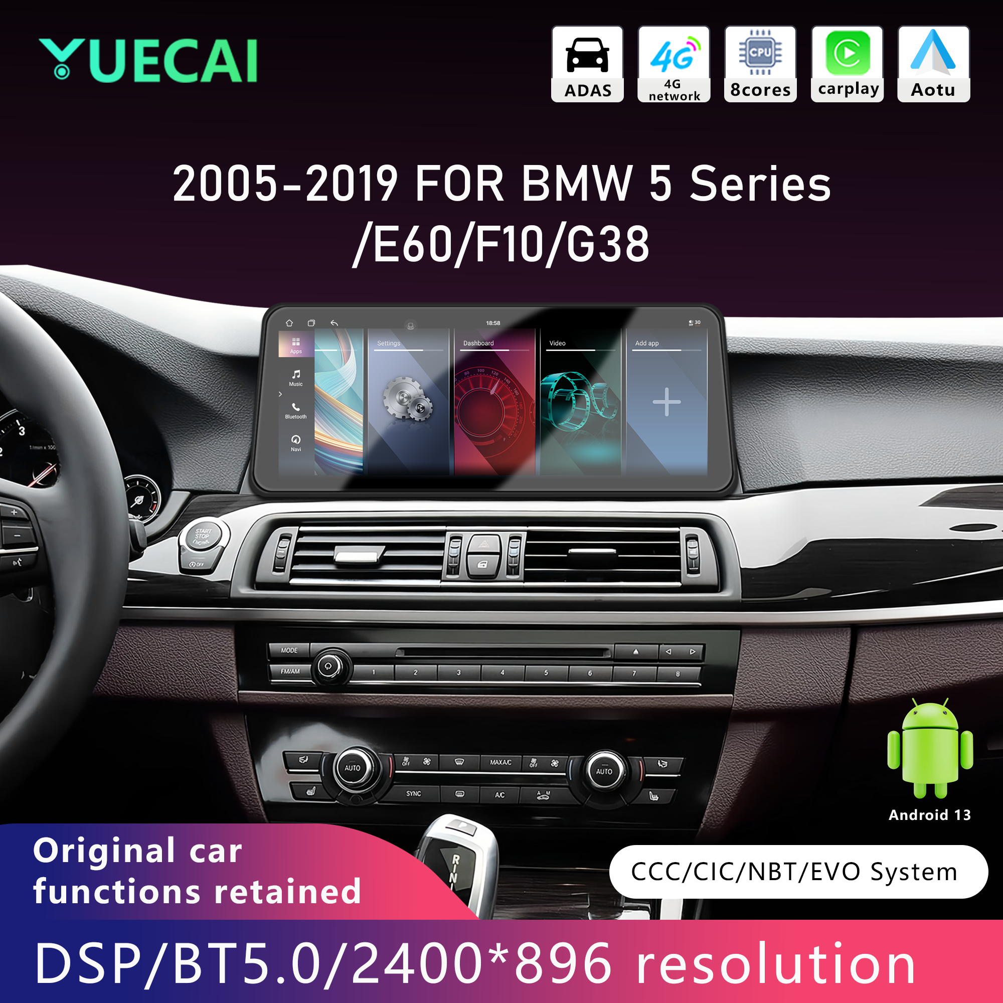 12.3inch OLED Android Touchscreen Car for Player with Frame & Harness for for BMW 5 Series/G382018-2019 Complete Set