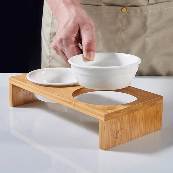 Elevated Double Bowl Frame Pet Ceramic Bowl Bamboo Wood Stand Ceramic Dog Bowls